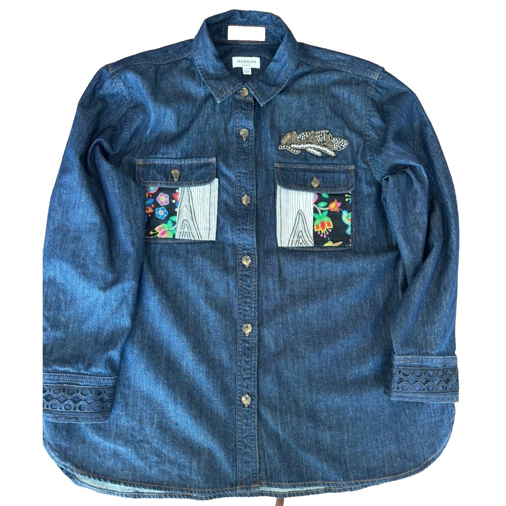 NWOT Hudson North embellished jean jacket womens XL embroidered crystals patches